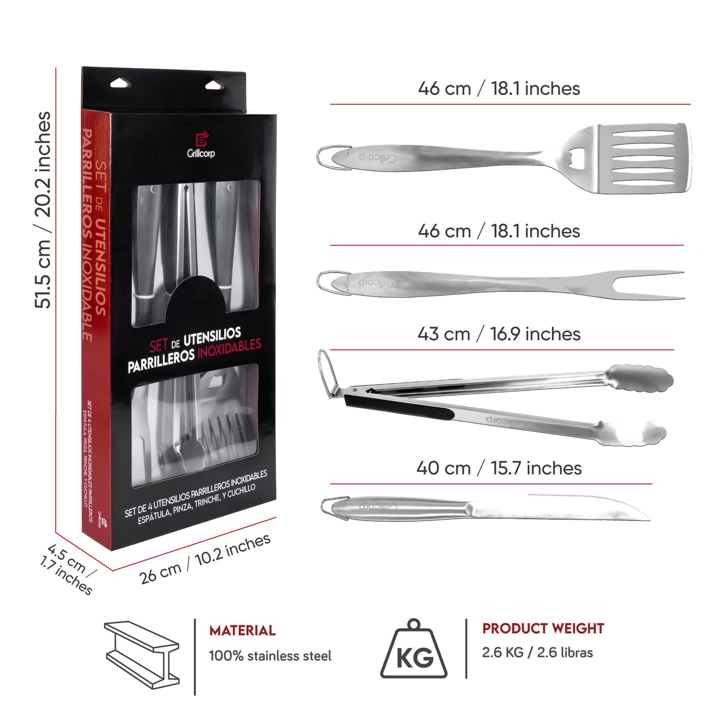 Professional set of stainless steel grill utensils (4 pieces)