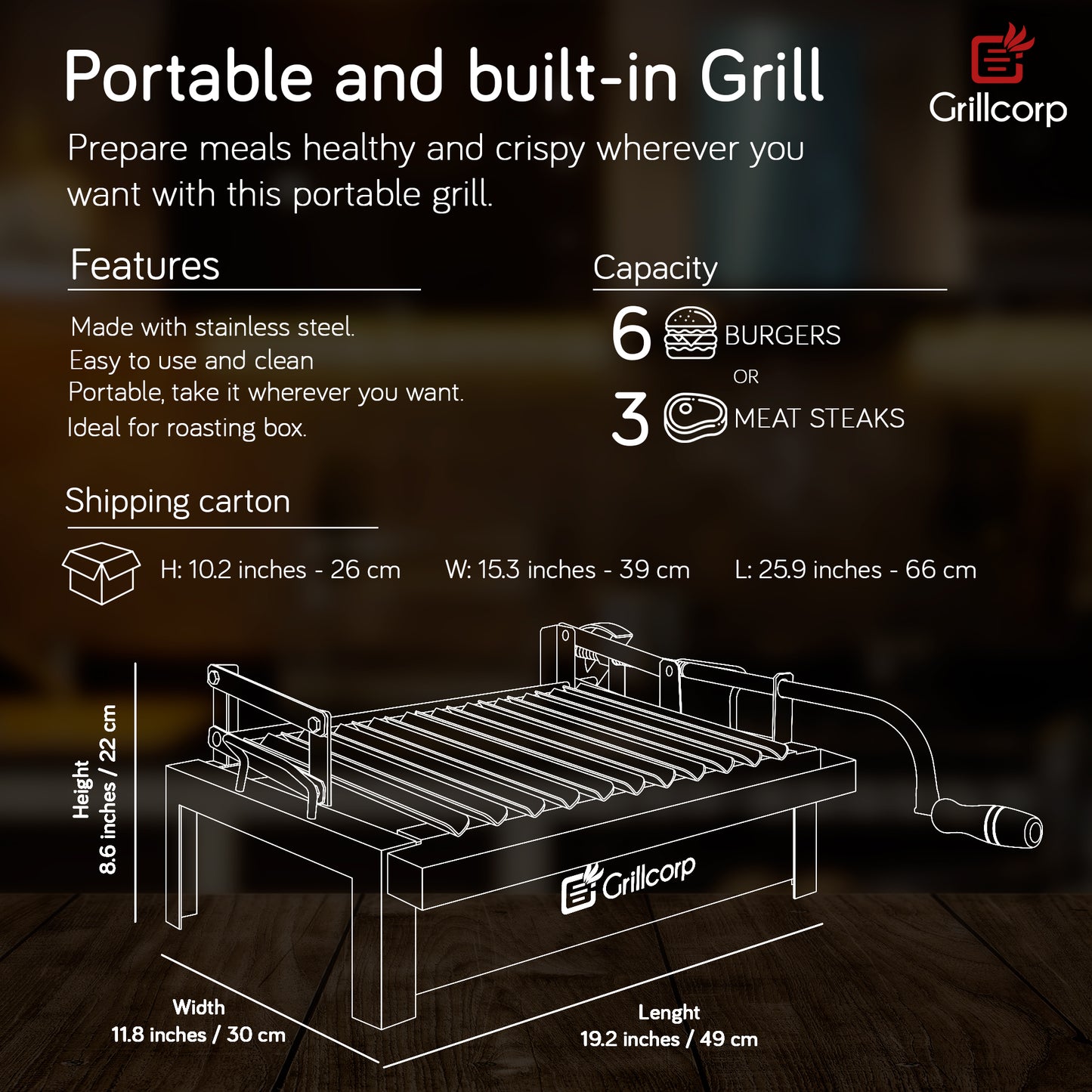 Junior Portable Grill, Built-In Grill with Accessory Lift System, made of stainless steel