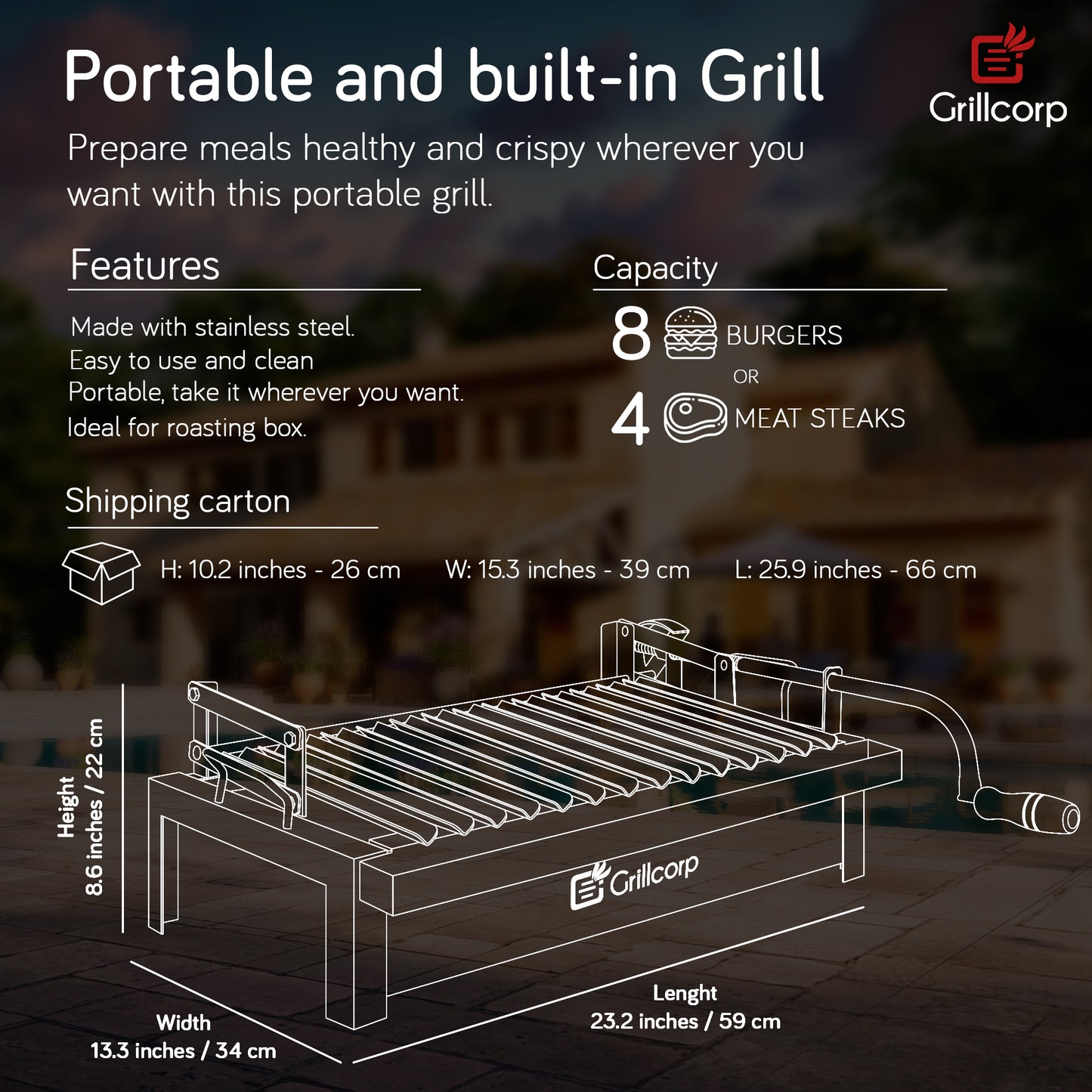 Medium Portable Grill, Built-In Grill with Accessory Lift System, made of stainless steel