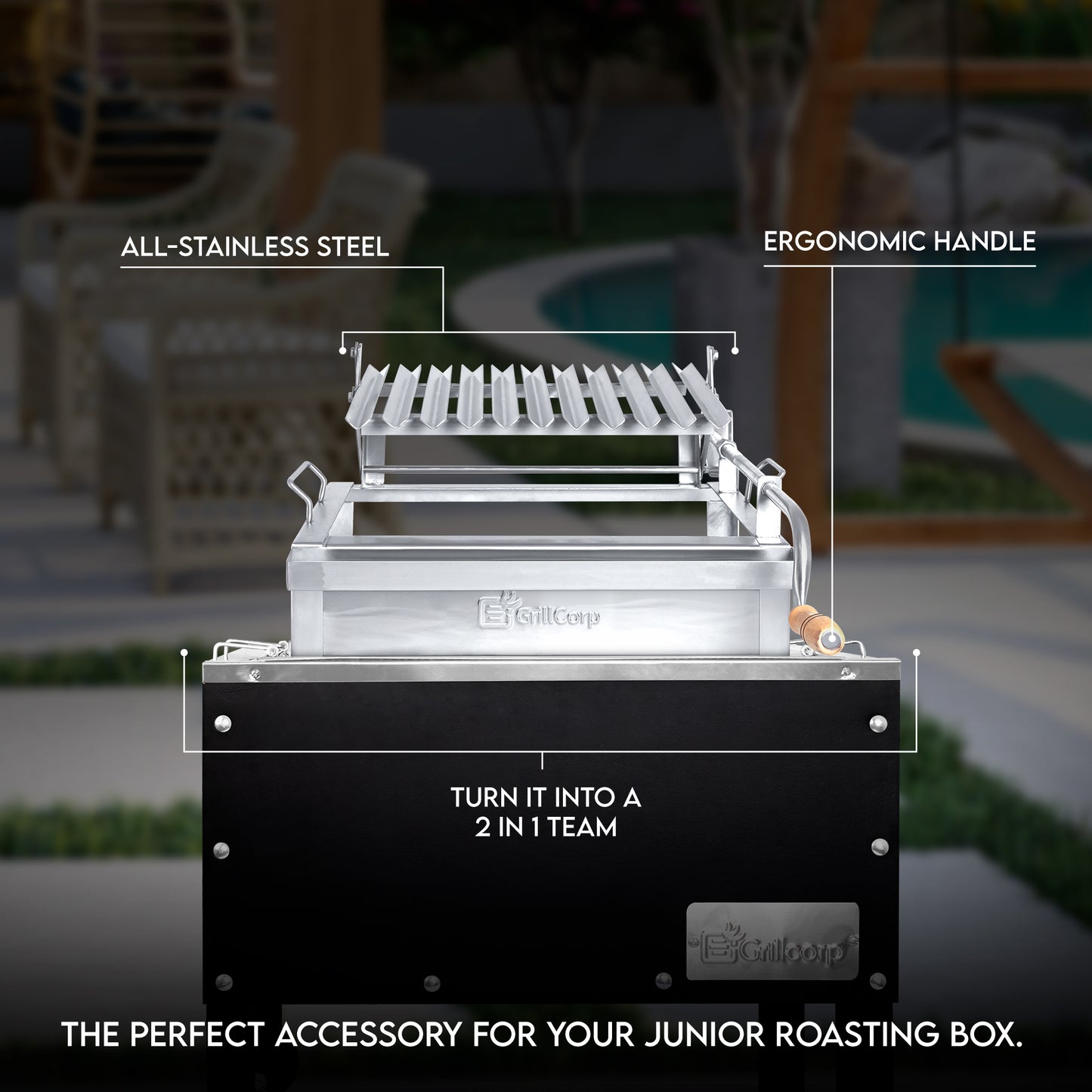 Junior Portable Grill, Built-In Grill with Accessory Lift System, made of stainless steel